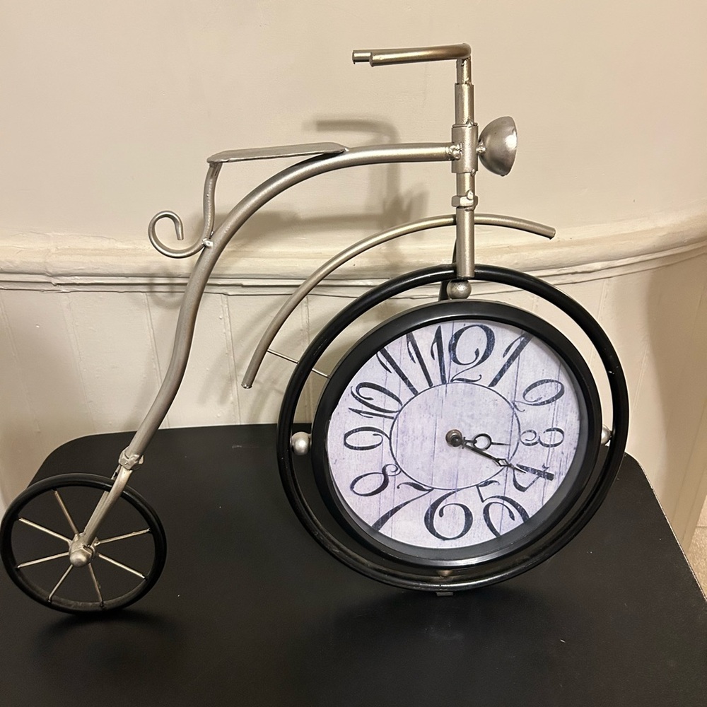 Large Iron Tabletop Vintage Bicycle Clock/Silver And Black
